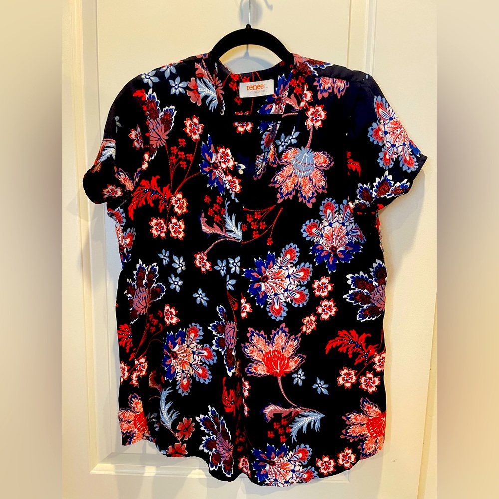 ReneeC Dark Blue Floral Short Sleeve Maternity Blouse